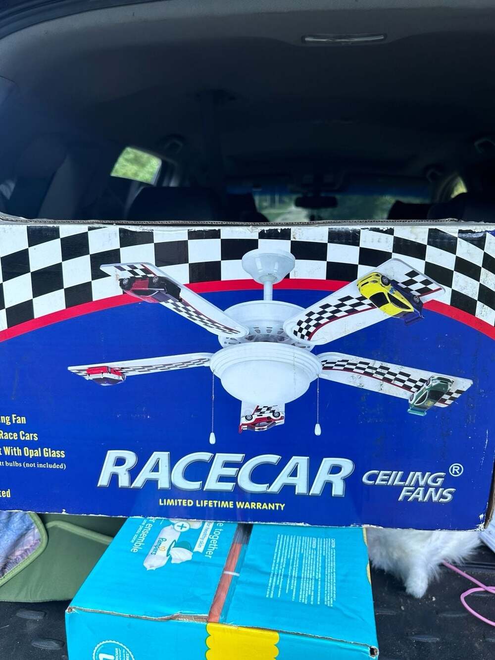 Vintage Racecar Ceiling Fan with Checkered Flag Blades and Opal Glass Light Kit